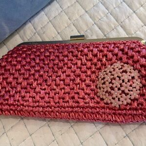 Lilly Pulitzer Pink Woven Clutch with Floral Medallion